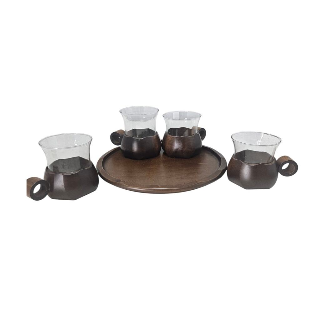 Mid Century Brienzer Holzschnitzerei Swiss Wood Glass Teak Tray 4 Mug Set Coffee